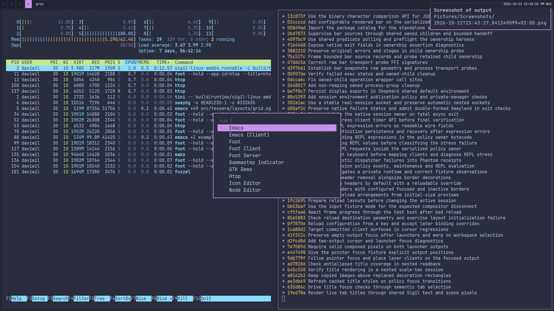 Tessera's bar along the top showing workspaces 1 to 4, the grid layout and the clock, a mako notification for a screenshot Tessera has just saved, and the fuzzel launcher open over a tiled htop and git log.