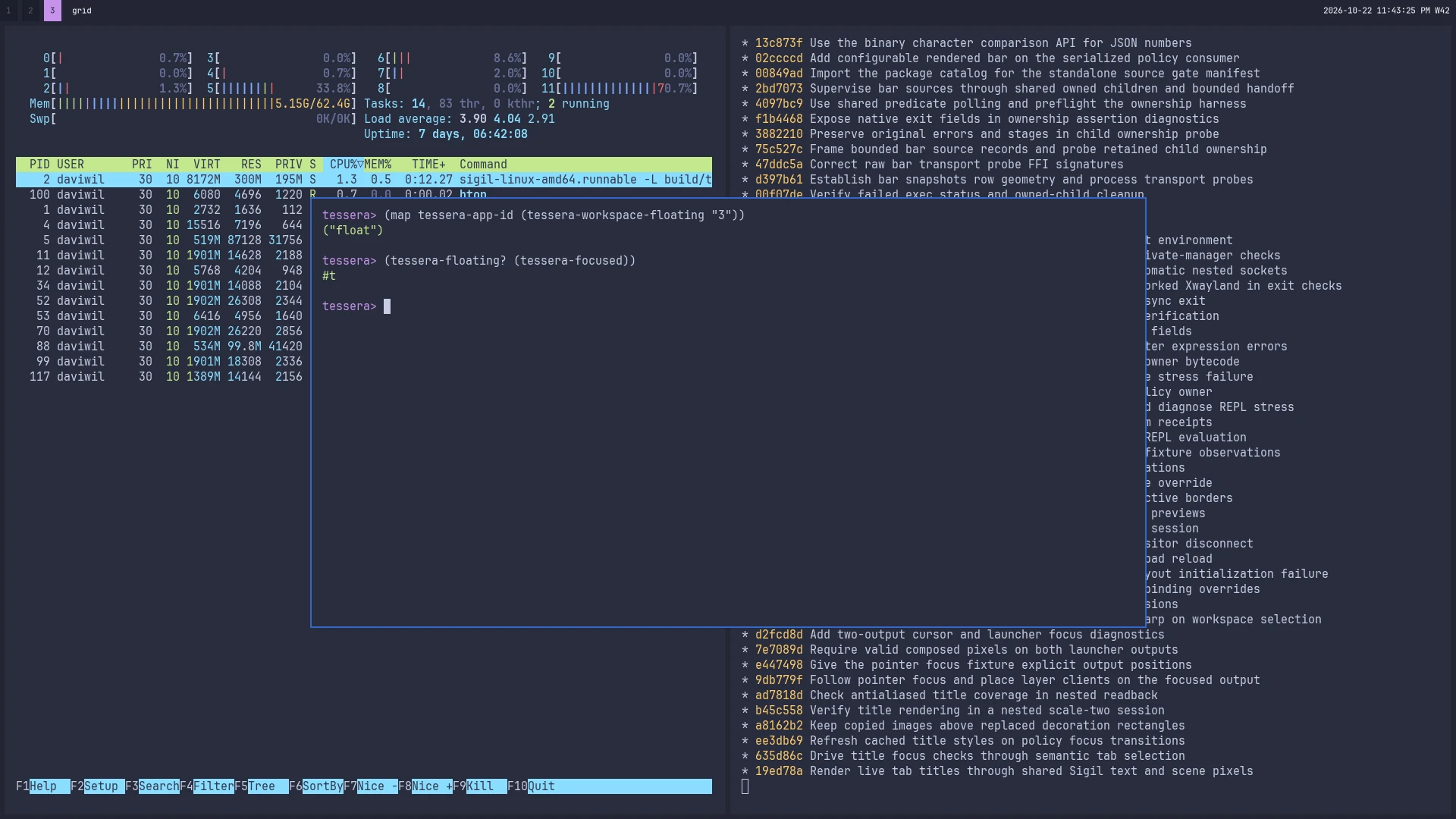 A terminal floating over two tiled windows, htop and a git log. The REPL in it reports that the focused window is floating and is the only floating window on workspace 3.