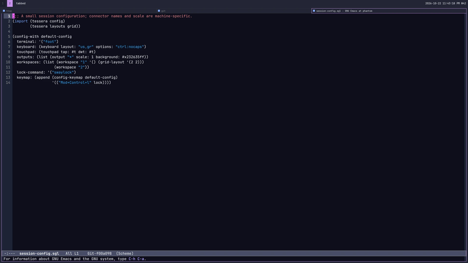 A tabbed workspace: under the bar, a strip of three tabs titled htop, git and the Emacs file, with the selected tab outlined in purple, and Emacs below it showing Tessera's example session configuration.